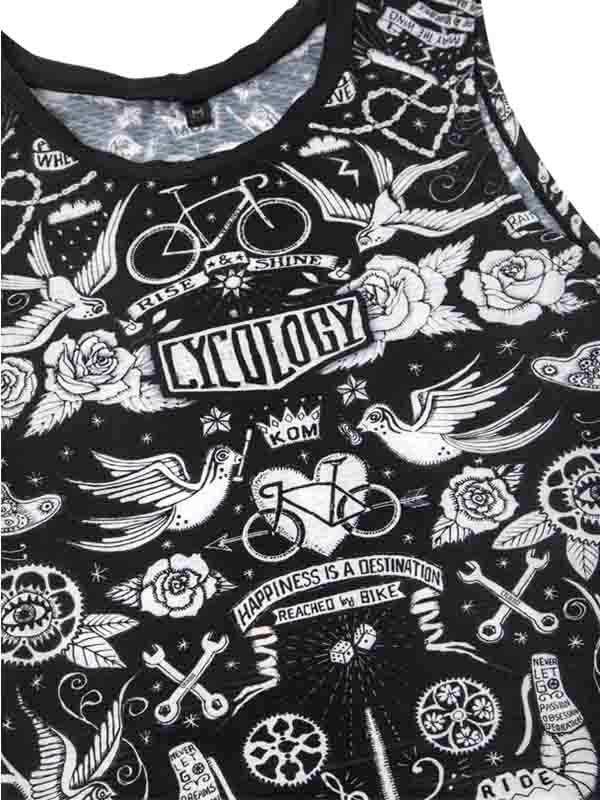 Black cycling tank top with white tattoo-style graphics, bikes, roses, and 'Cycology' text