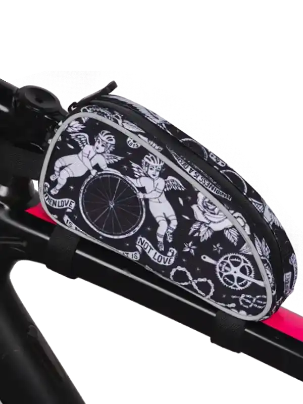 Black and white cycling frame bag with angel and gear print, mounted on bike top tube