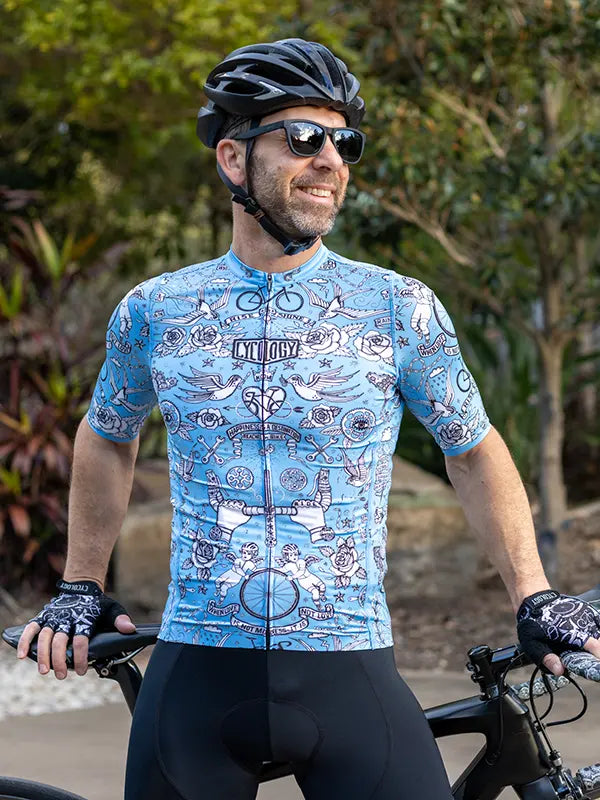 Velo Tattoo  Blue Men's Reborn Jersey  on model| Cycology AUS