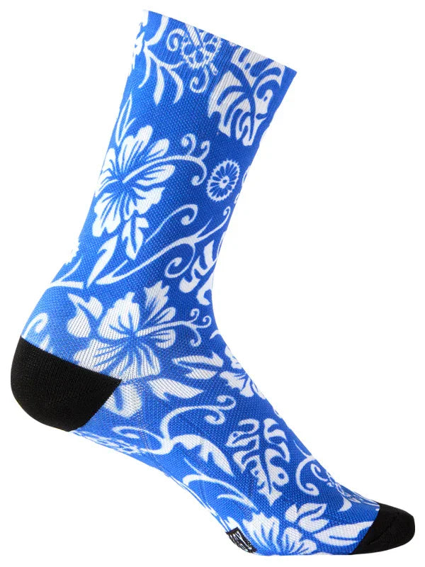 Blue cycling sock with white hibiscus floral pattern, black toe and heel, breathable fabric design