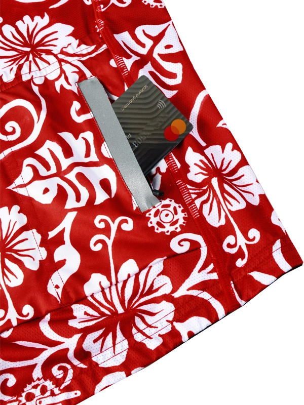 Red and white men's floral patterned long-sleeve cycling jersey with CYCOLOGY branding and back pockets