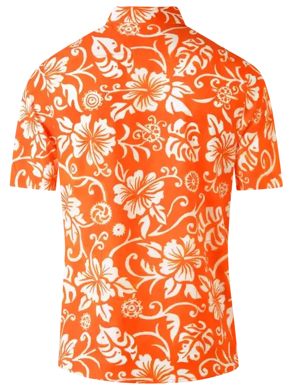 Vibrant orange short-sleeve shirt with white floral hibiscus pattern, ideal for casual or cycling wear.