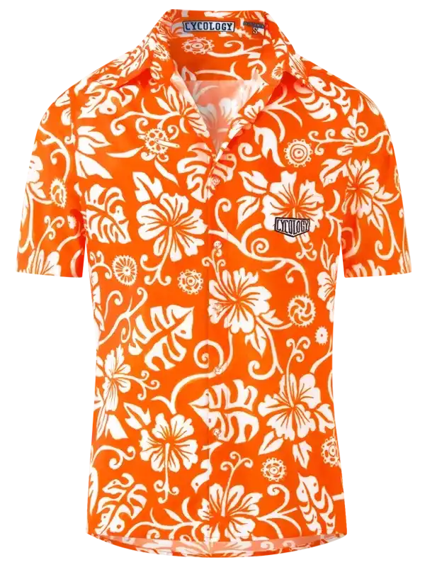 Vibrant orange short-sleeve cycling shirt with white floral print and brand logo, ideal for men's and women's bike wear.