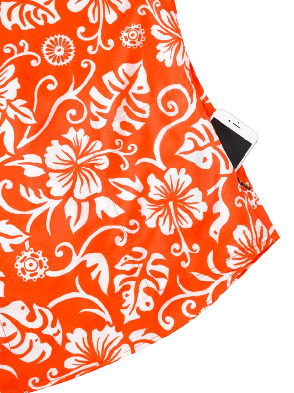 Orange Men's Gravel Shirt with white Hawaiian floral pattern  side zip pocket 