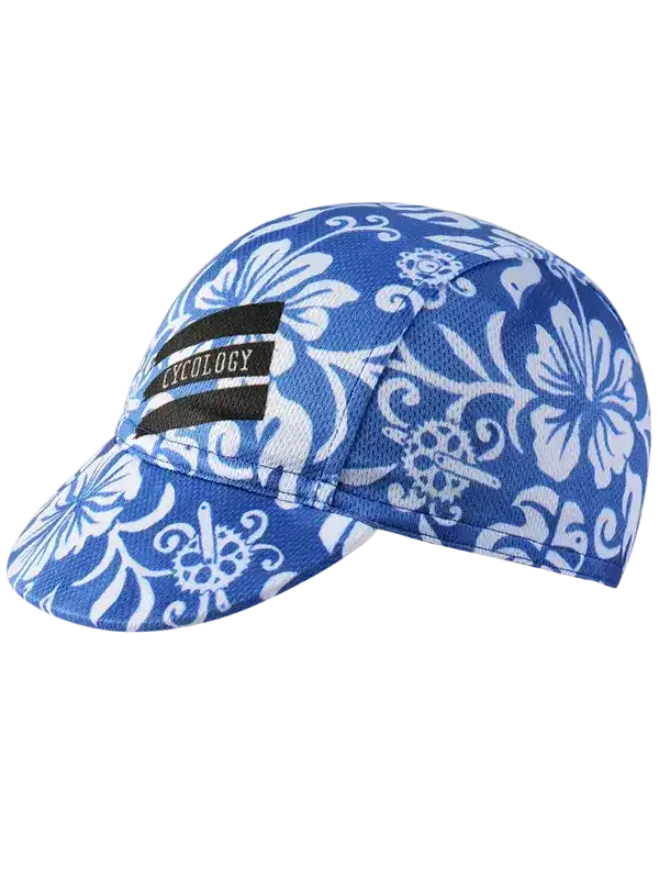 Blue cycling cap with white floral pattern and black 'CYCOLOGY' logo, ideal for men's and women's bike rides.