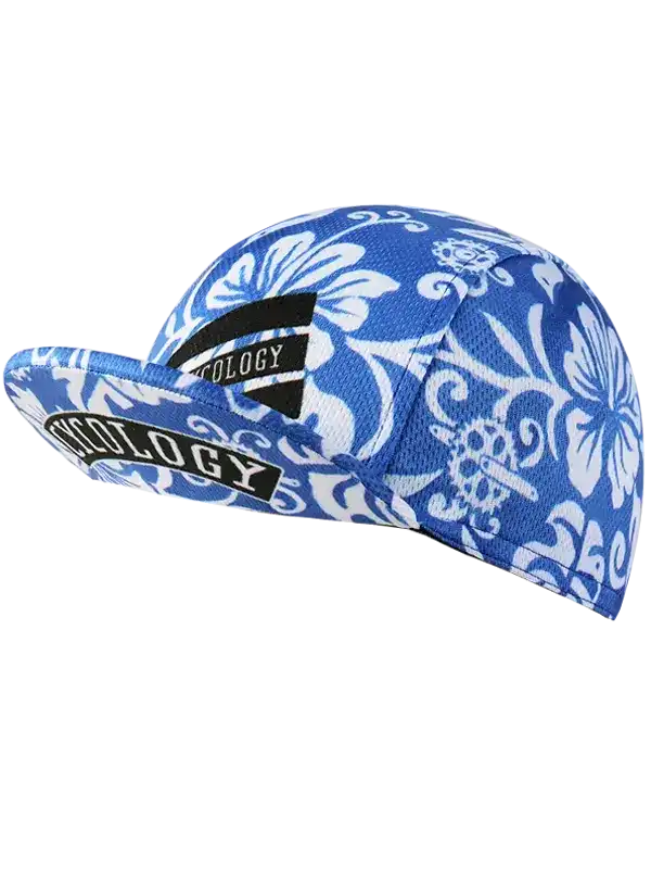 Blue and white floral cycling cap with 'Cycology' logo, ideal for men's and women's bike rides