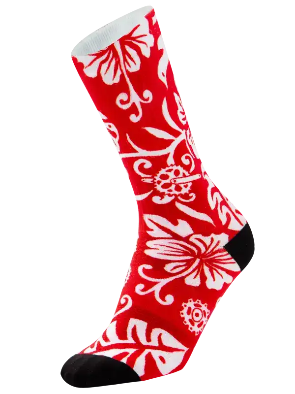 Red and white floral cycling sock with black toe and heel, featuring tropical hibiscus and leaf patterns for bike rides.