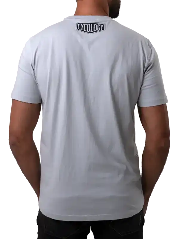 Men's light gray cycling t-shirt with Cycology logo on back, ideal for casual or ride wear