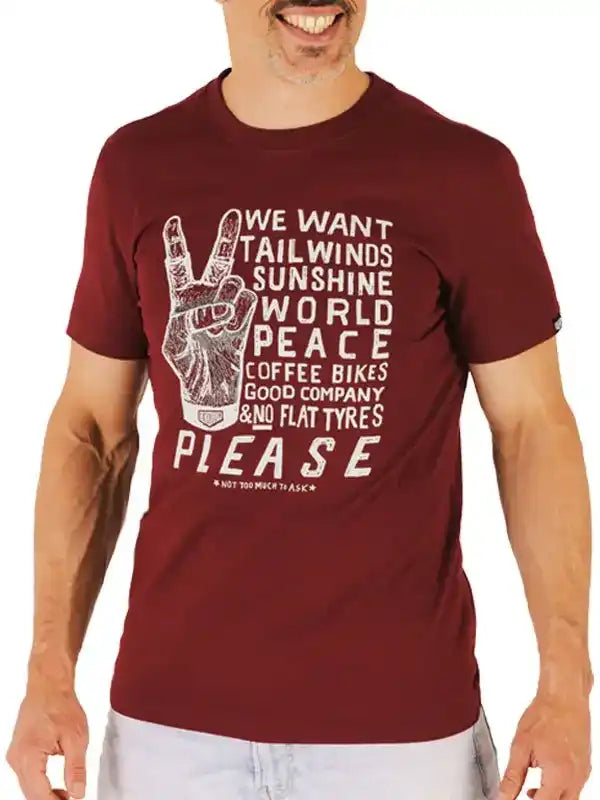 Men's cycling t-shirt with peace sign graphic, text: tailwinds, sunshine, world peace, coffee, bikes, no flat tyres