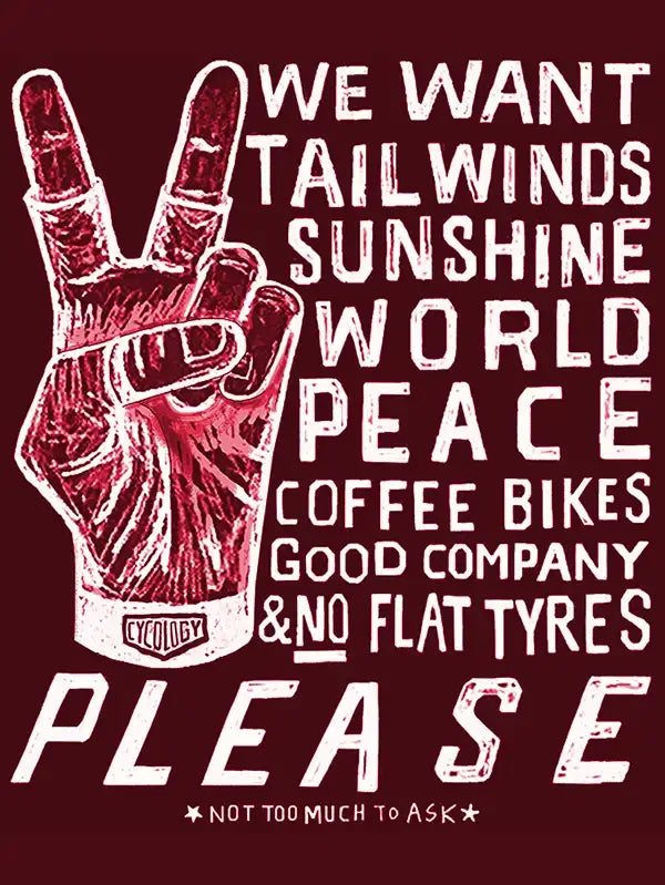 Peace sign graphic with cycling-themed text on maroon background