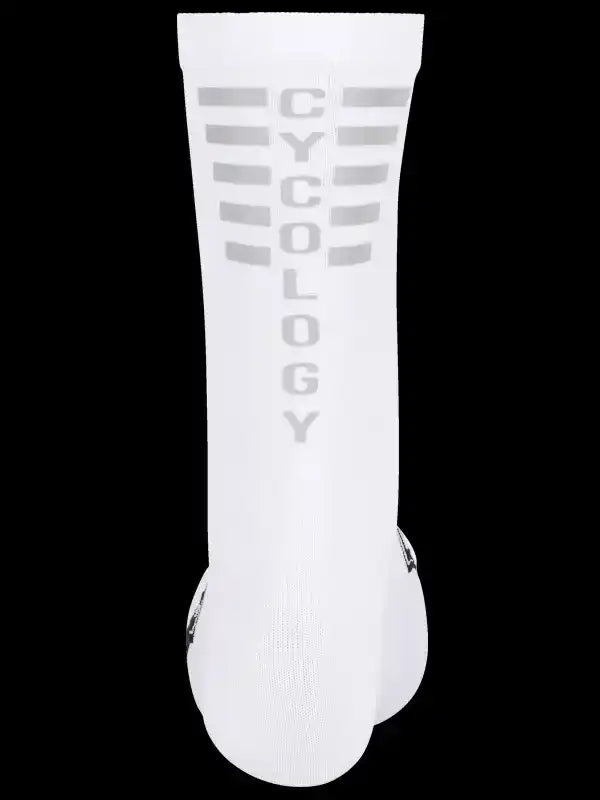 White cycling sock with vertical 'CYCOLOGY' text and stripe design, performance fabric for men and women riders
