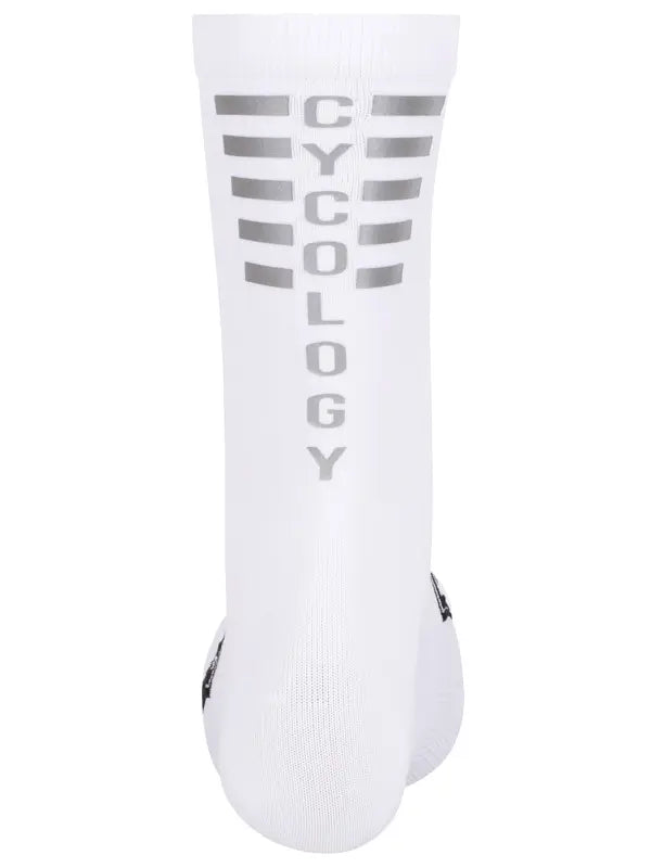 White  cycling sock with rear reflective 'CYCOLOGY' branding 