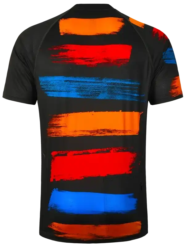 Men's cycling jersey with bold orange, red, and blue brushstroke stripes on black fabric