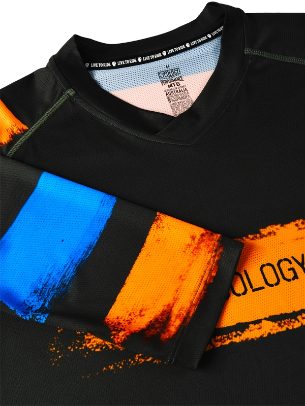 Black MTB Jersey with orange and blue design, featuring a brand logo on the chest.