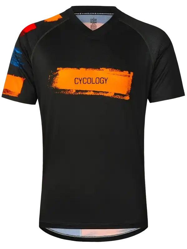 Black men's cycling jersey with bold orange 'CYCOLOGY' graphic and colorful sleeve accents, designed for performance and style.