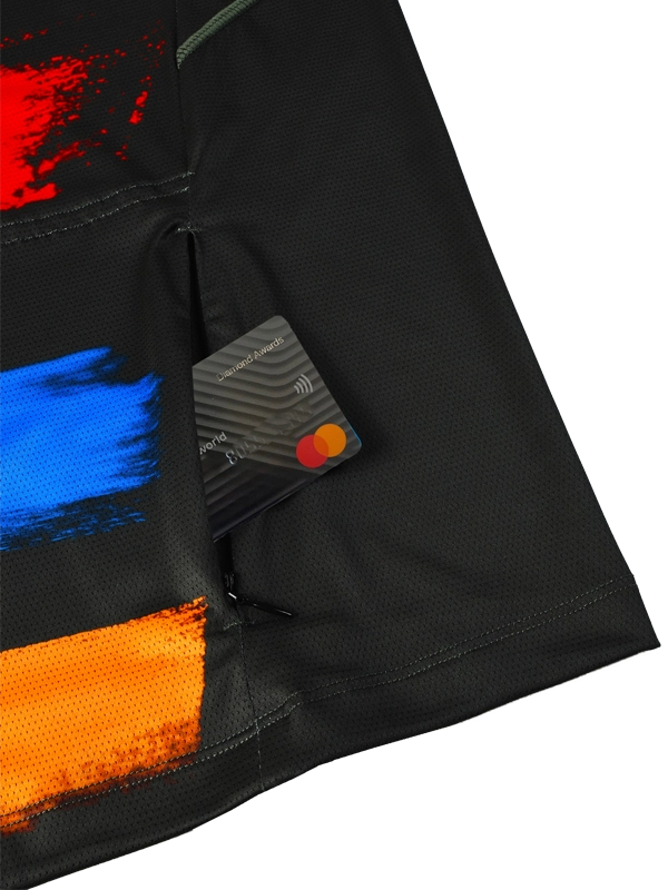 Black MTB Jersey with colorful abstract design featuring a credit card in back zip pocket