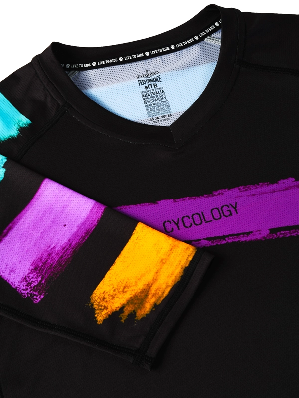 Women's Black long-sleeve MTB Jersey with colorful accents and 'Cycology' branding 