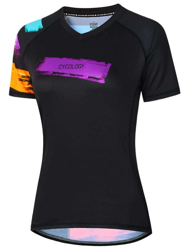 Women's Black long-sleeve MTB Jersey with colorful accents and 'Cycology' branding 