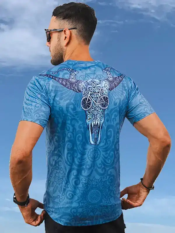 Men's blue cycling jersey with skull and bike graphic, ideal for road or mountain biking adventures.