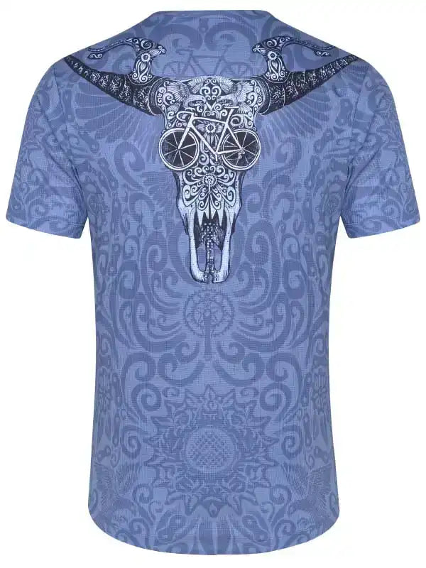 Blue cycling jersey with bull skull and bike graphic, intricate pattern design for men or women