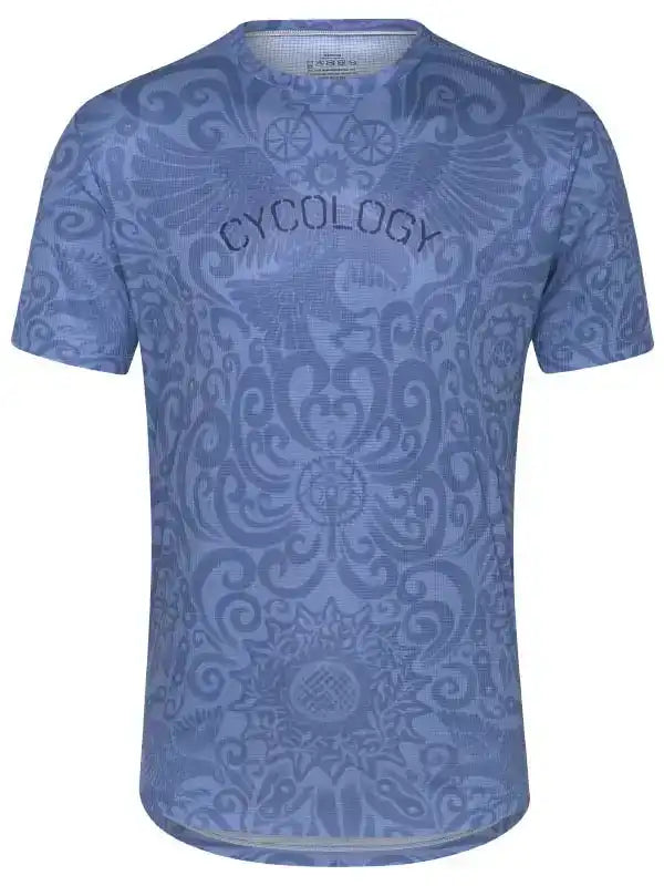 Blue cycling jersey with intricate paisley pattern and 'CYCOLOGY' text, designed for men's and women's bike rides.