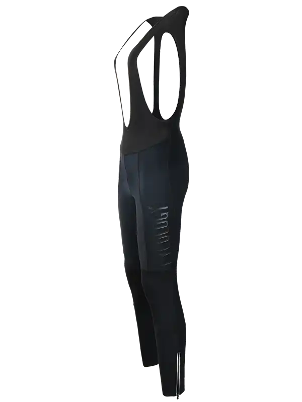 Black women's cycling bib tights with ergonomic straps and reflective logo, designed for comfort and performance.