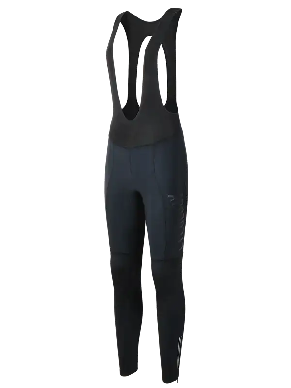 Black women's cycling bib tights with ergonomic design and reflective details for road cycling comfort
