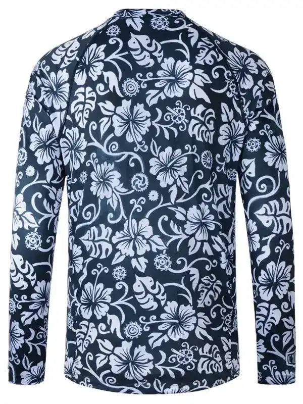 Men's long sleeve cycling jersey with white floral print on navy blue, breathable fabric design