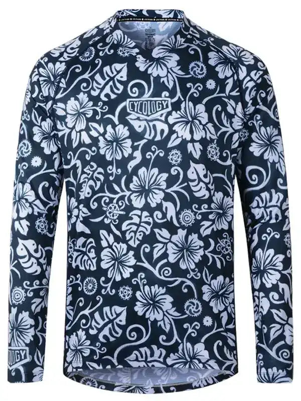 Men's long sleeve cycling jersey with white floral print on navy blue, featuring breathable fabric and ergonomic fit.