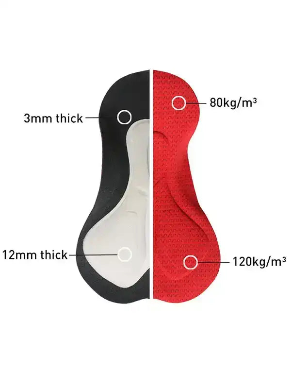 Cycling pad with 3mm and 12mm thickness, 80kg/m³ and 120kg/m³ density for comfort and support