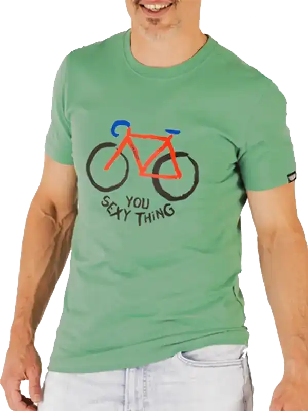 Men's green cycling t-shirt with funny bike graphic and 'You Sexy Thing' text, casual fit for riders