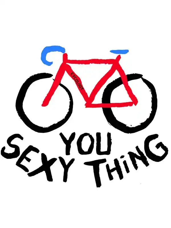 Red and blue bicycle graphic with bold text 'YOU SEXY THING' for cycling apparel design