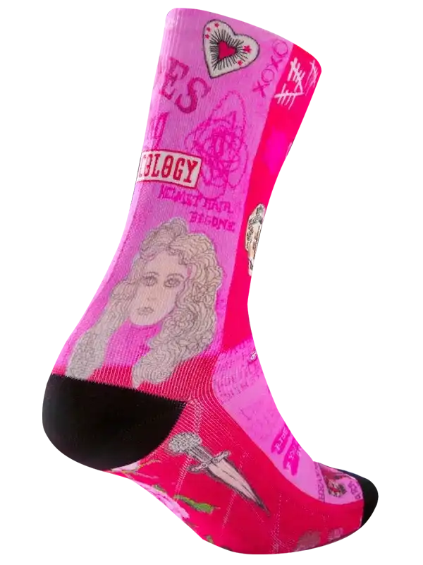 Pink cycling sock with graphic art, hearts, and text design for women's bike wear
