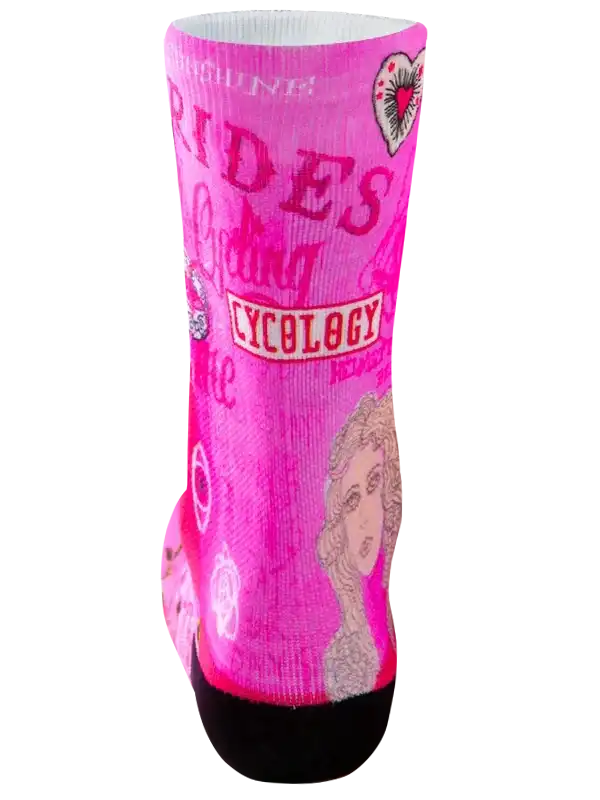 Pink cycling sock with 'Rides' and 'Cycology' text, heart and portrait design, black toe