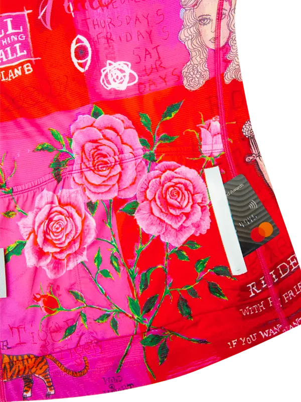 Red fabric with pink roses and text on a white background