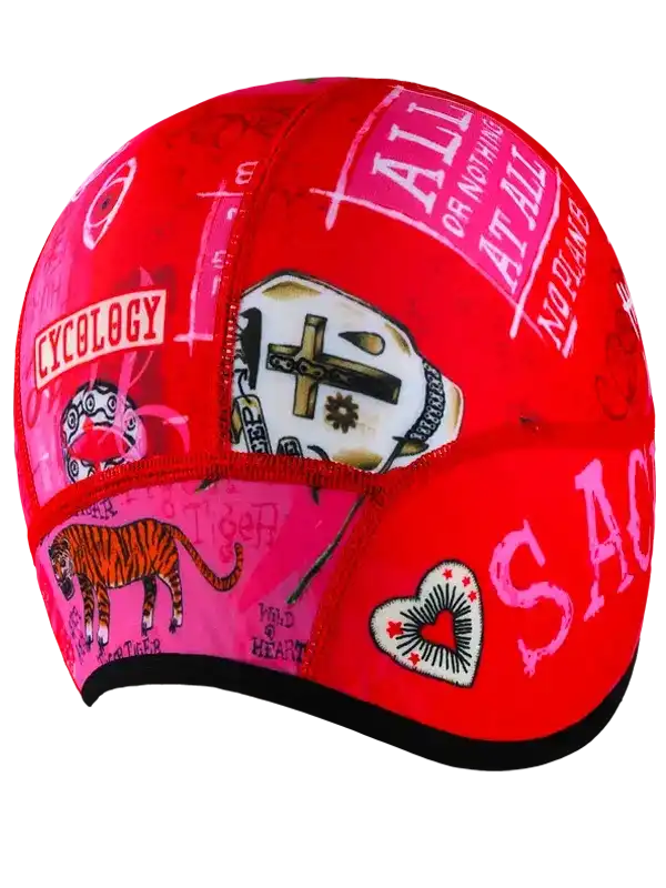 Red cycling cap with bold graphics, tiger, heart, and text designs for men's and women's cycling apparel.