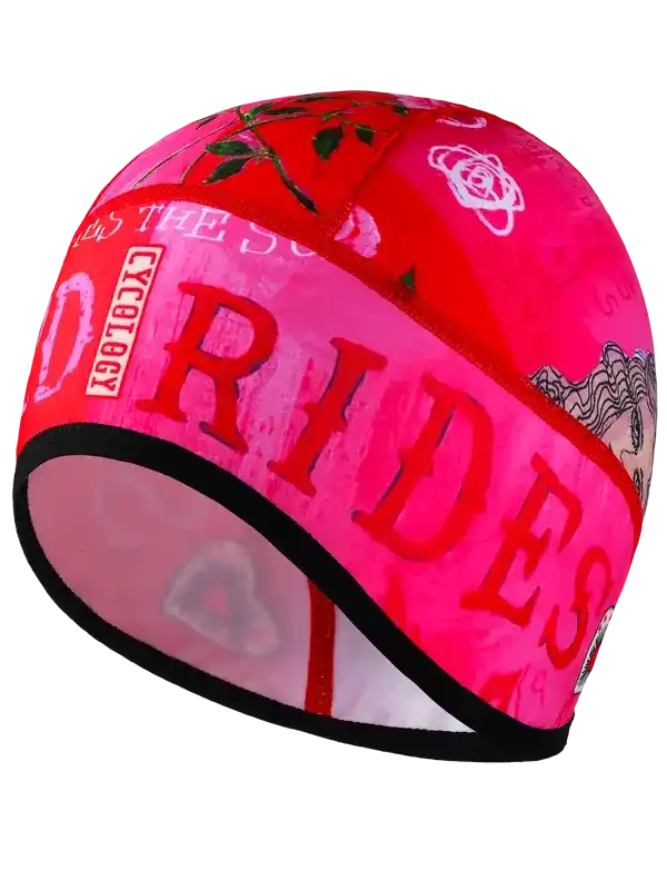 Pink cycling headband with rose print and bold 'RIDES' text for women's bike gear
