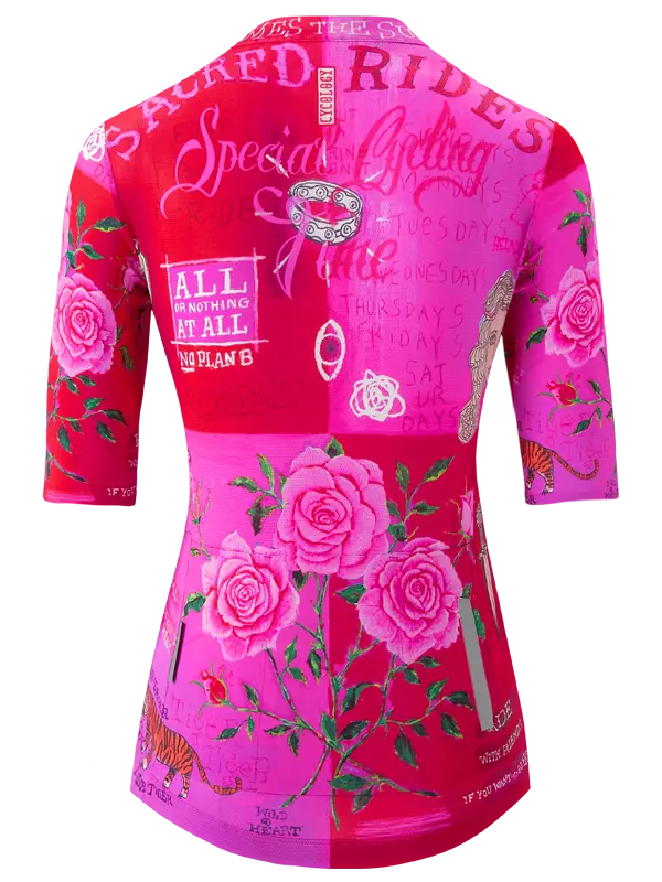 Zadie Pink Women's Reborn Cycling Jersey with floral designs and text 