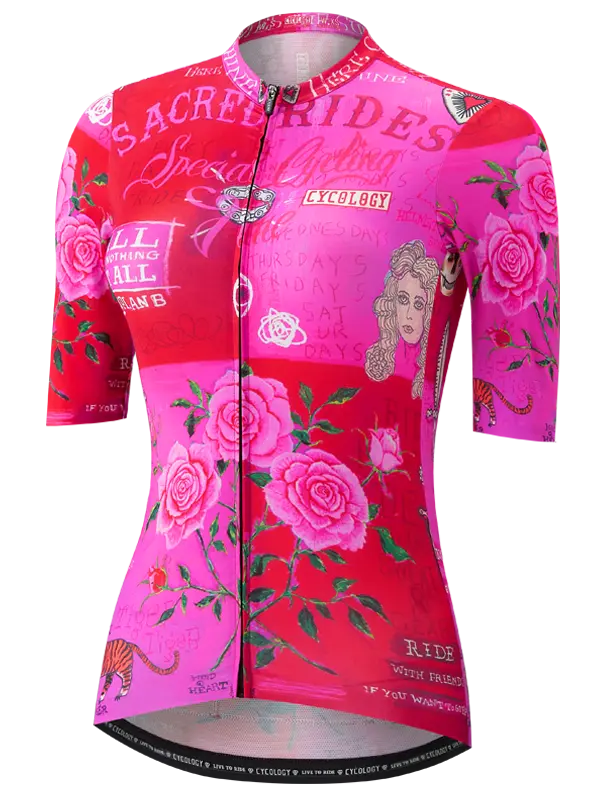 Zadie Pink Women's Reborn Cycling Jersey with floral design and text 