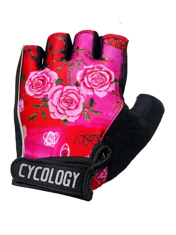 Cycology women's cycling glove with pink rose print, fingerless design, and black wrist strap