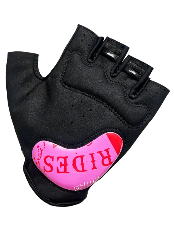 Black cycling glove with pink heart design and 'RIDES' text on a white background