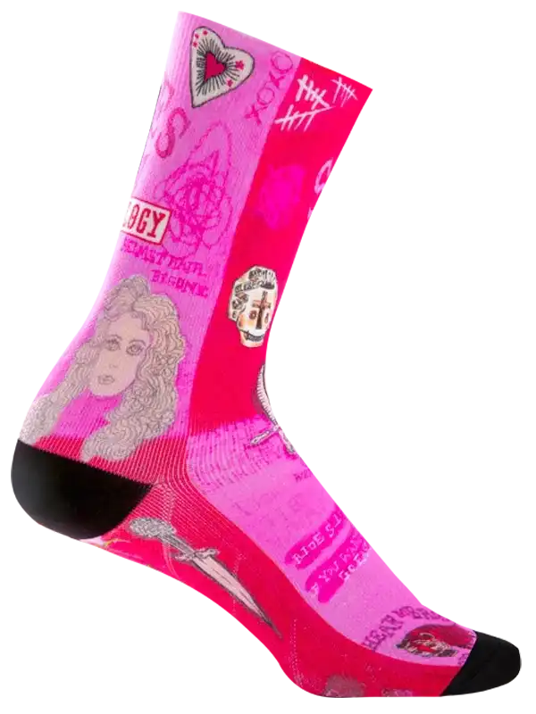 Pink cycling socks with rock band graphics, hearts, and swords for men and women riders