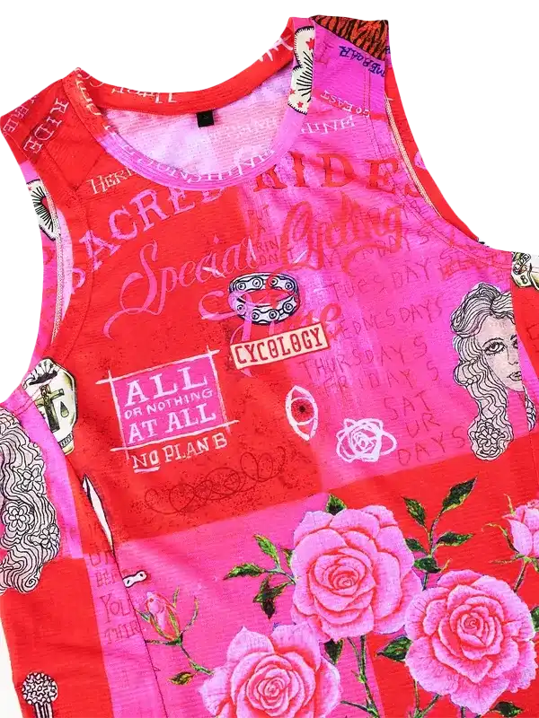 Vibrant red and pink cycling tank top with rose graphics, bold text, and edgy designs for women's bike wear.