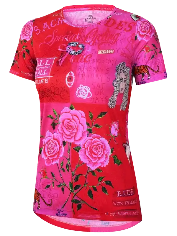 Vibrant pink women's cycling jersey with rose print, tiger graphic, and 'RIDE WITH FRIENDS' text for road biking.