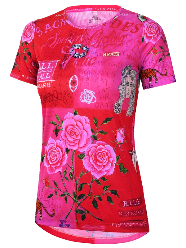 Technical women's T-shirt with red and pink rose design