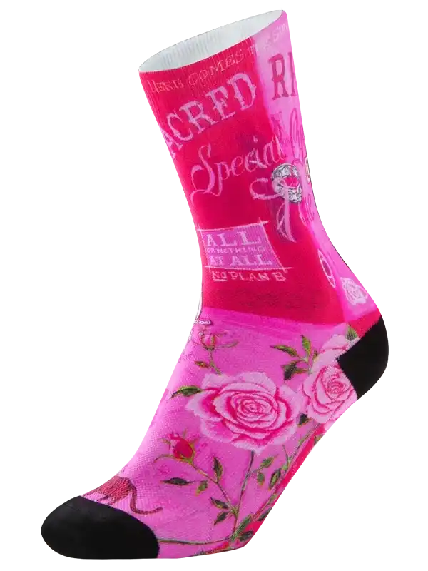 Pink cycling sock with rose floral print and bold text design for women's bike rides