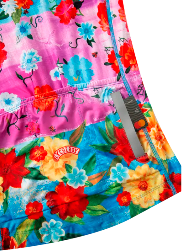 Colourful floral short sleeve cycling jersey back pockets