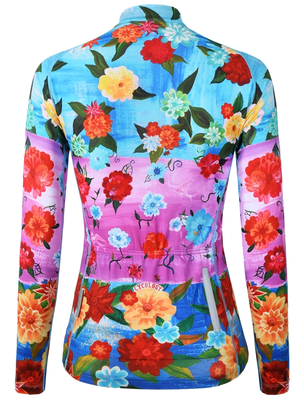 Colorful cycling jersey with floral design and 'cycology' branding on a pink and blue background