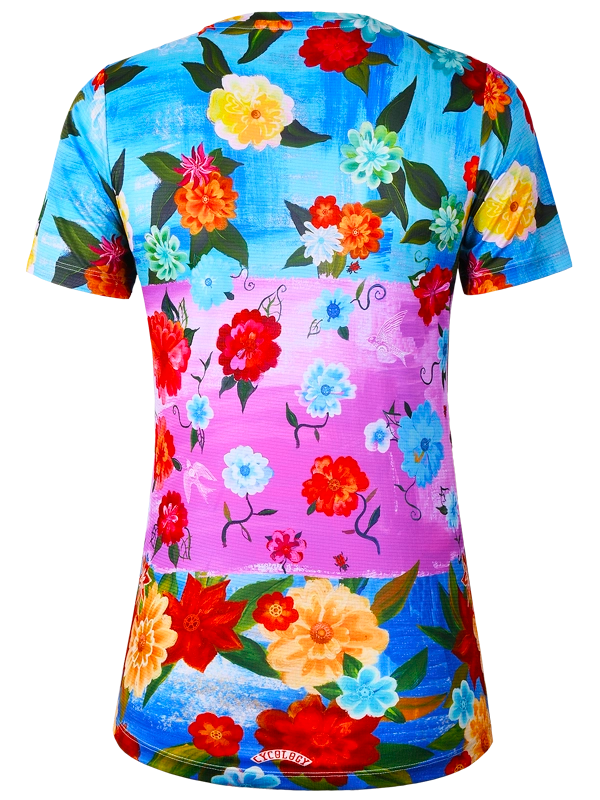 Colorful  pink and blue floral-patterned tech t shirt with a visible Cycology  brand logo 