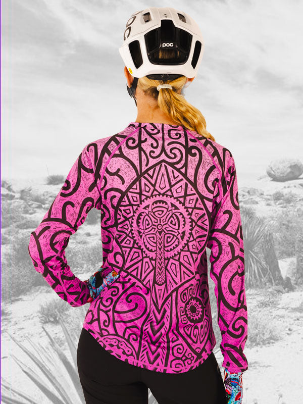Zanzibar Pink Womens Long Sleeve MTB Jersey Back view on model  | Cycology AUS